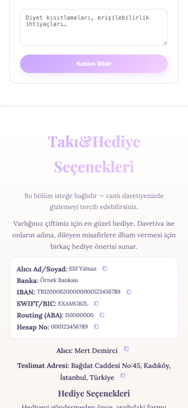 Hediye ve IBAN bölümü