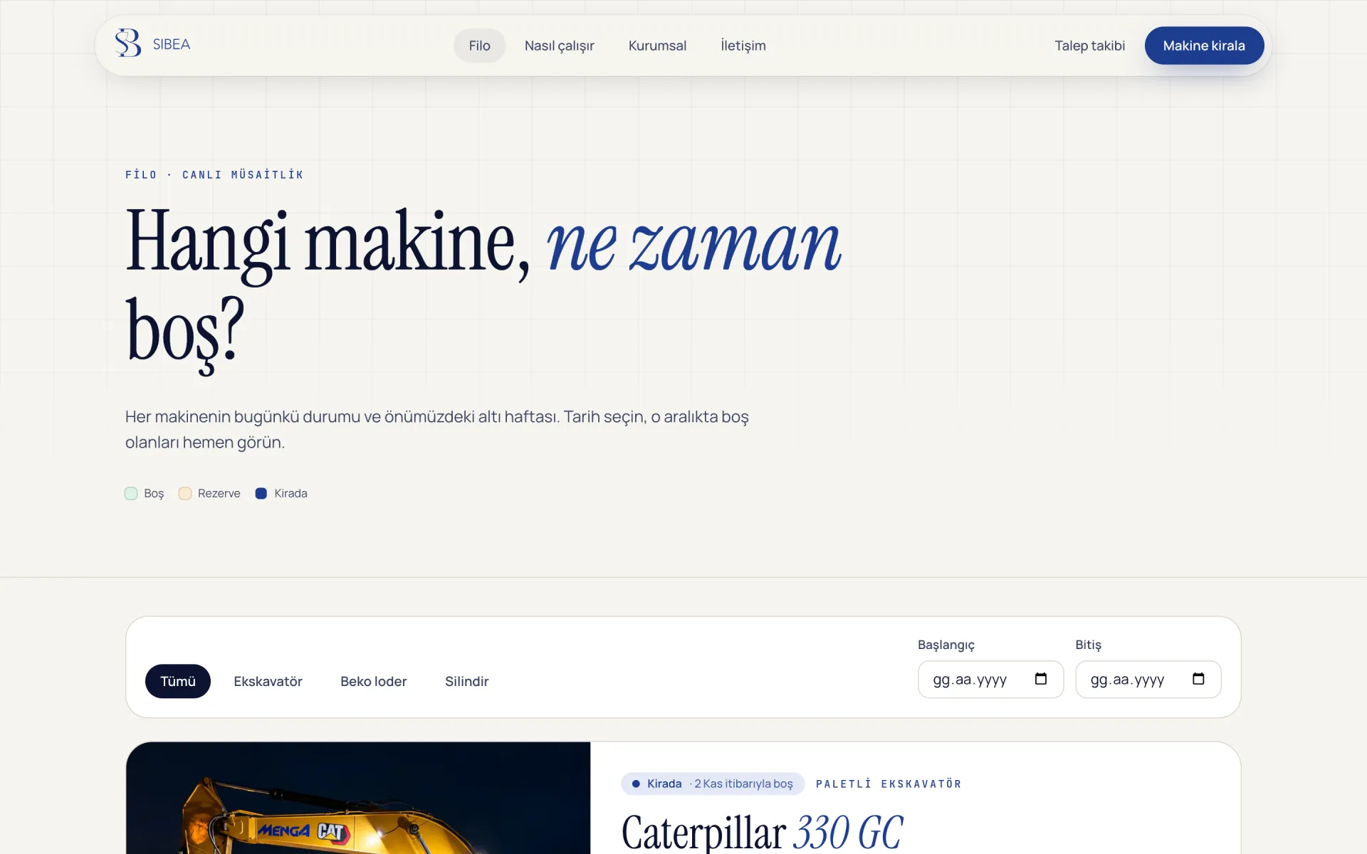 Filo sayfası: canlı müsaitlik
